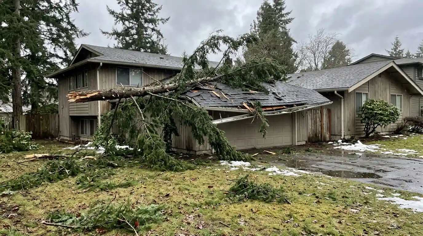 Fallen fir limb on a damaged shingle roof after a storm