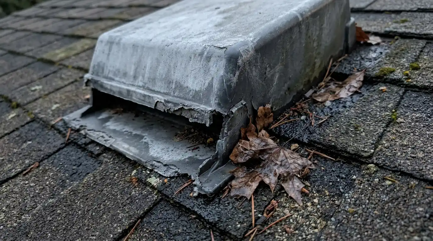 Faded cracked plastic box vent on a shingle roof with leaves at its base