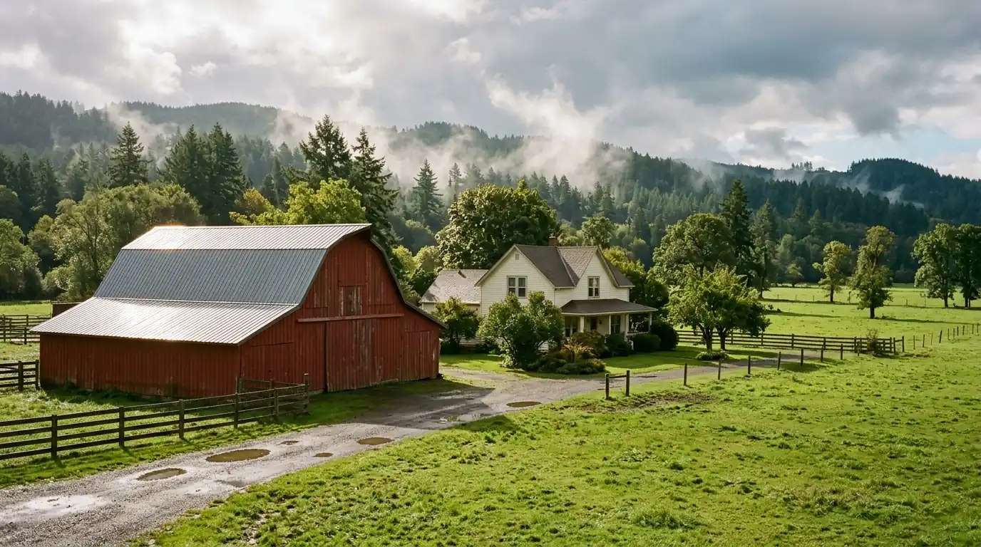 Scappoose farm property with a pole barn under a new metal roof