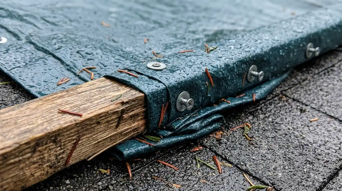Tarp edge wrapped around a wood batten fastened to a shingle roof