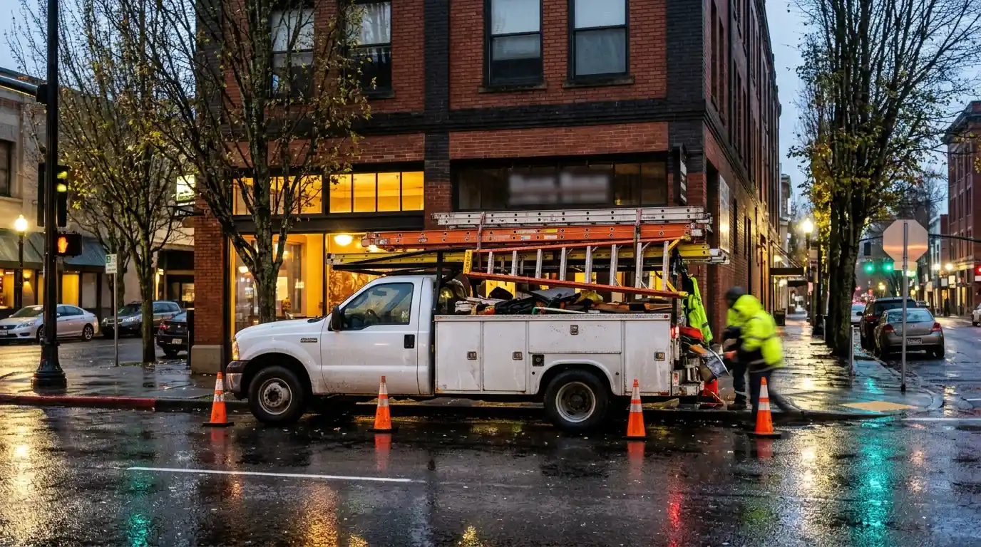 Roofing truck with ladders parked on a wet downtown street