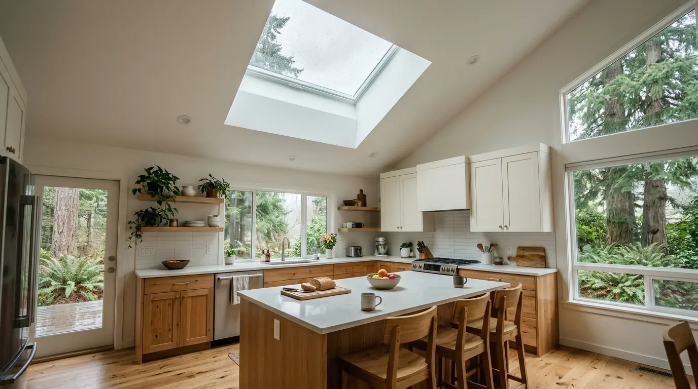 Kitchen lit by a new skylight with gray clouds visible through glass