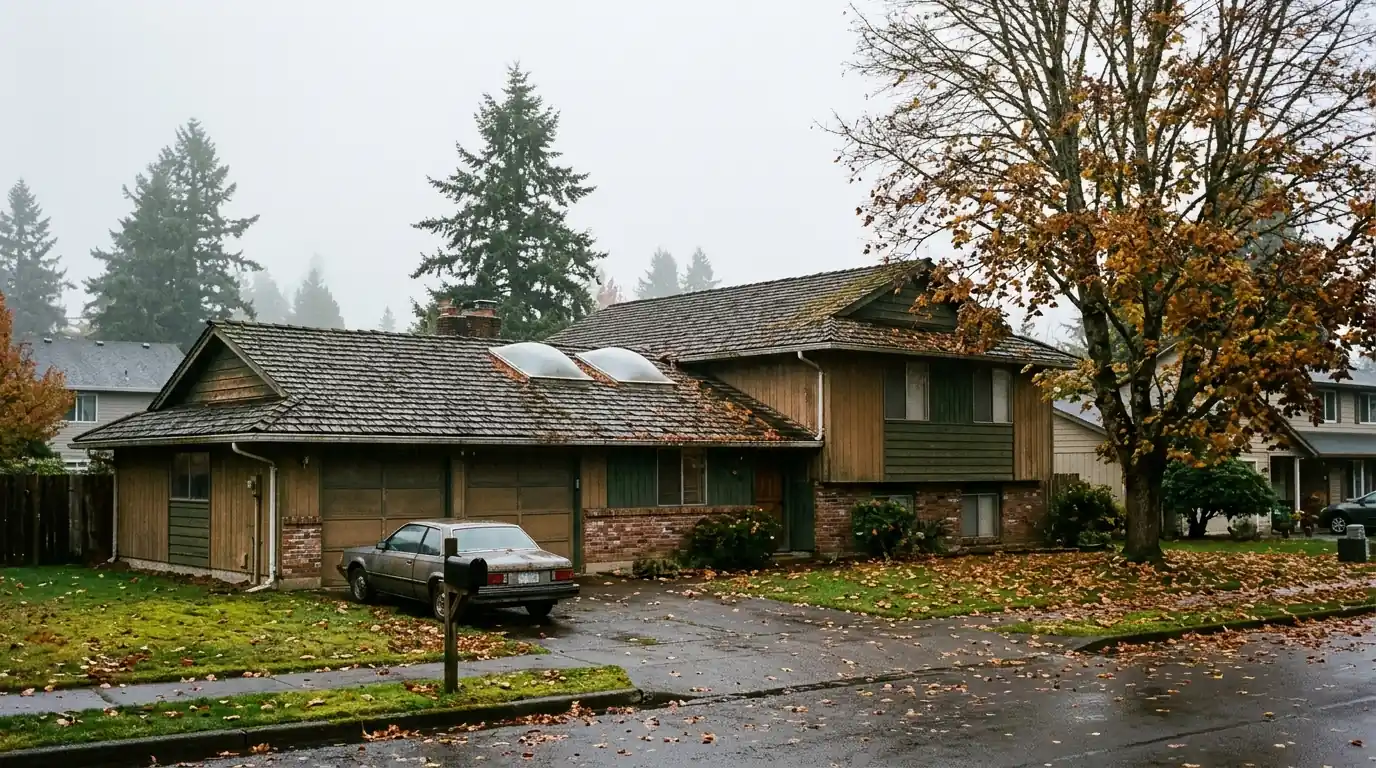 Split-level house with a worn shake roof and two old dome skylights
