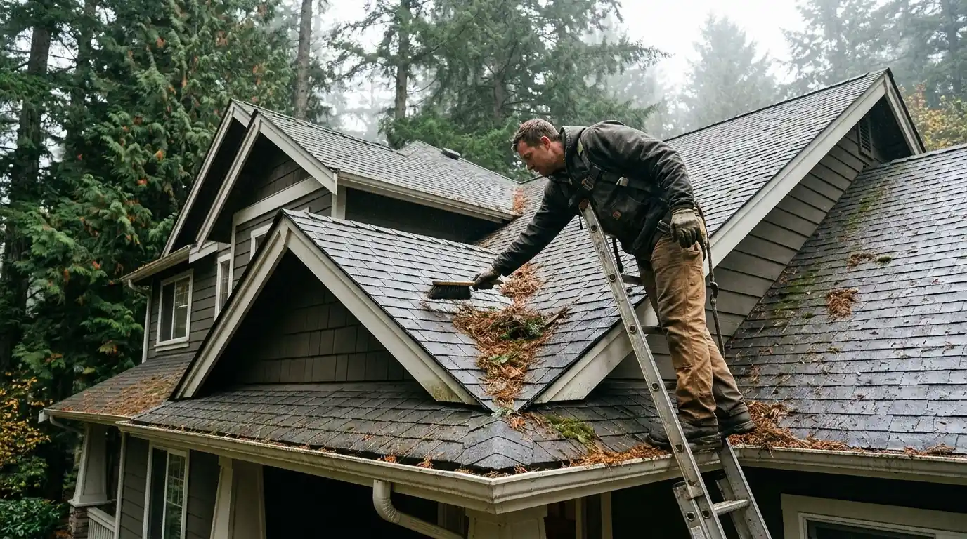 Roofer clearing fir needles from a shingle valley during a fall maintenance visit