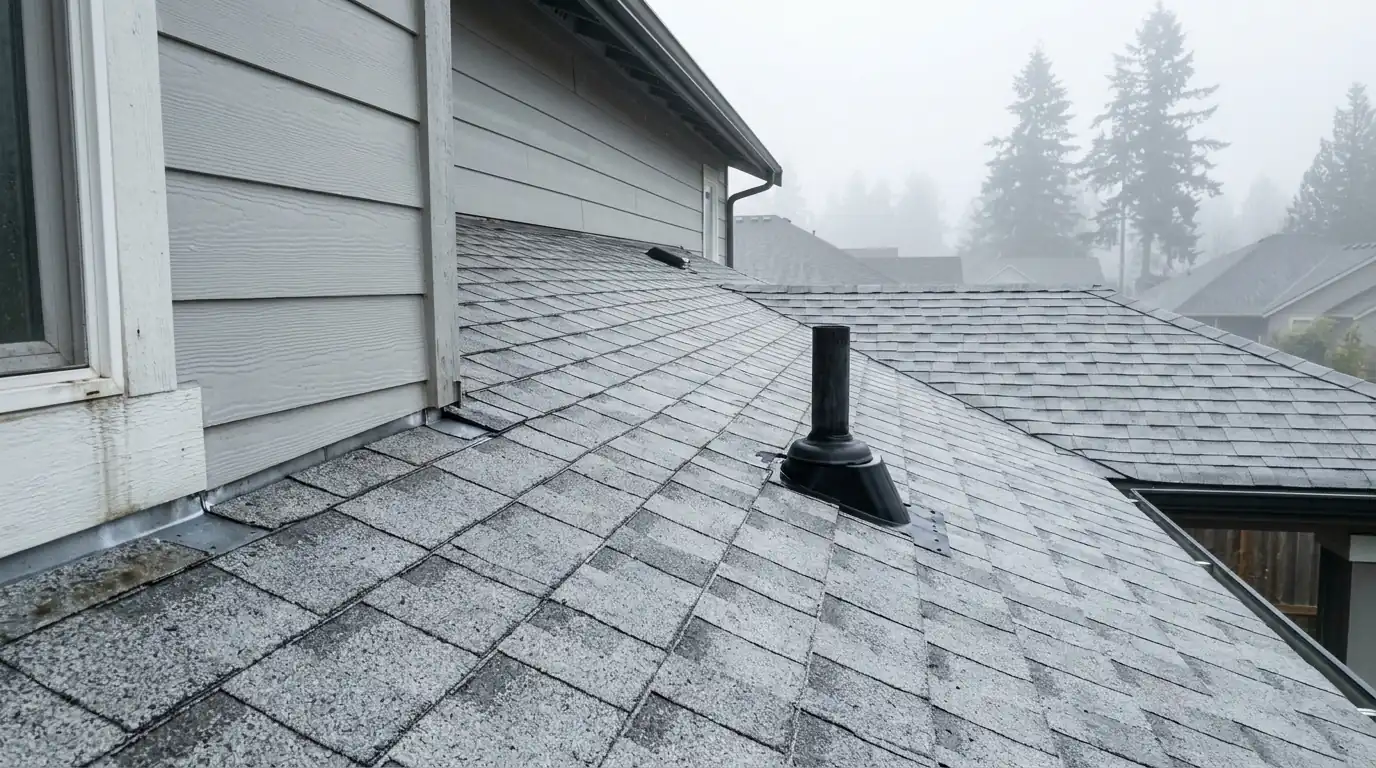 Newer subdivision home roof showing vent pipes and a wall junction