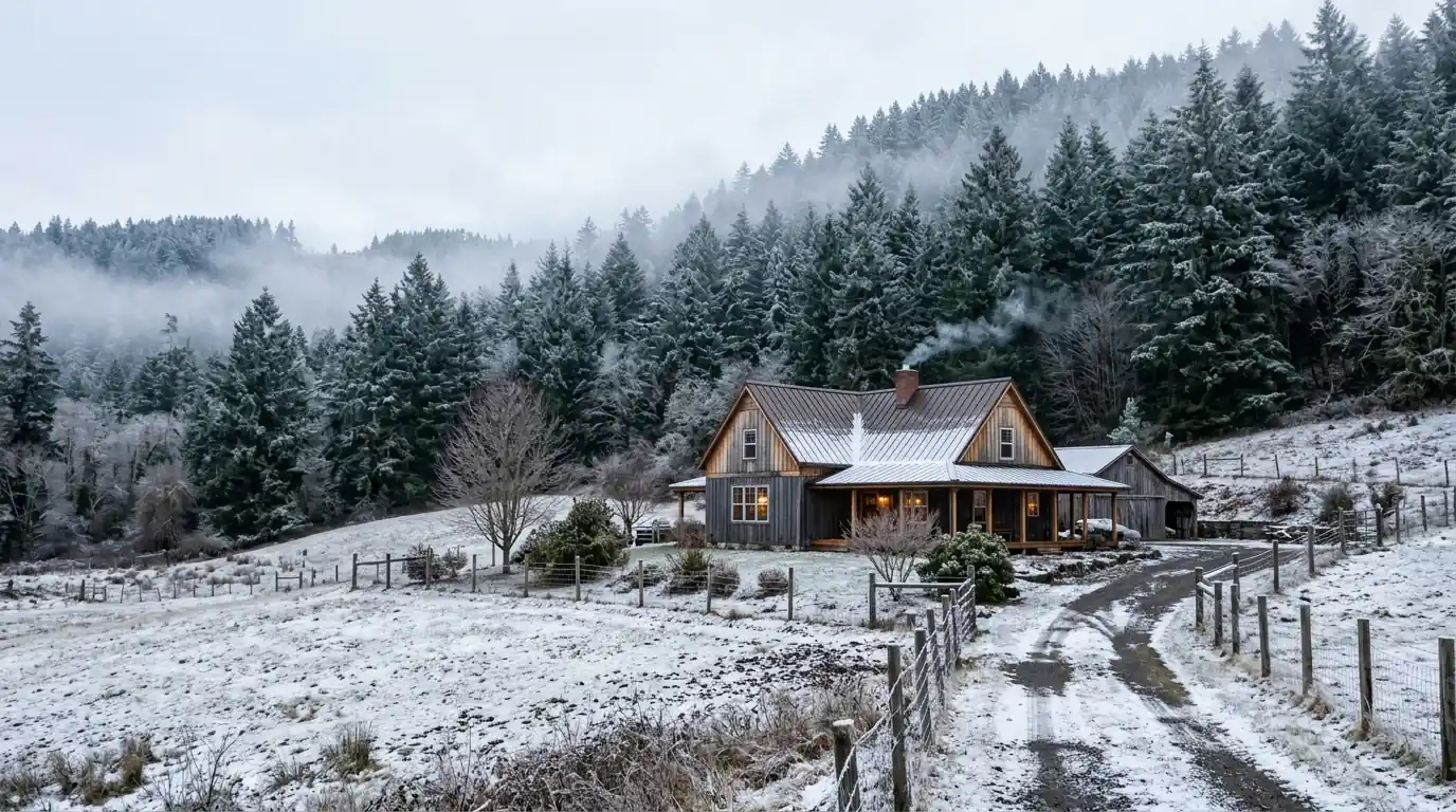 Rural farmhouse with a bronze metal roof beside a snowy pasture