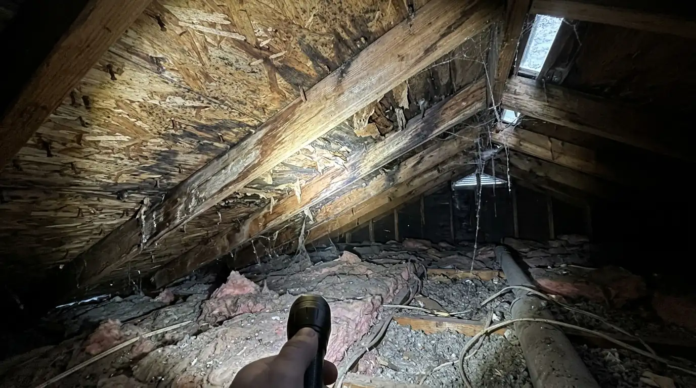 Water-stained, flaking OSB roof sheathing seen from the attic