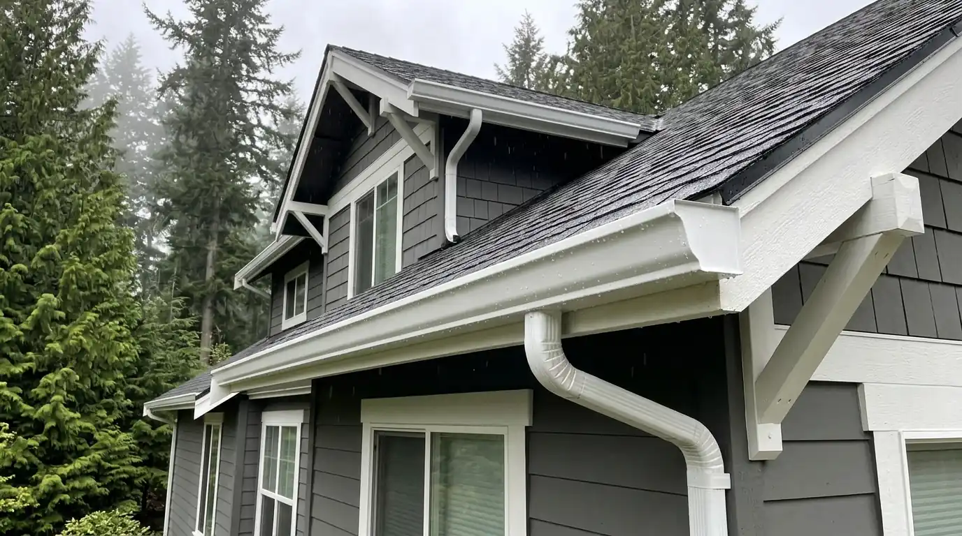 New white aluminum seamless gutter along the eave of a two-story house