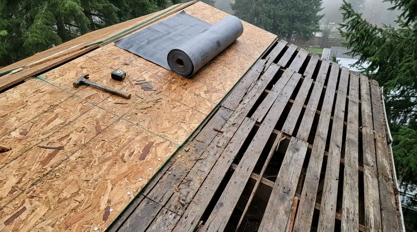 New sheathing laid over old spaced roof boards during conversion