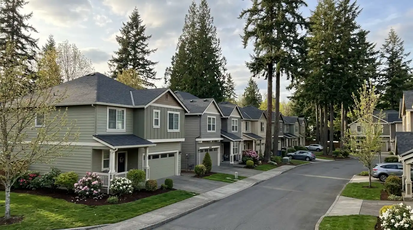 Row of townhome buildings with new matching charcoal shingle roofs