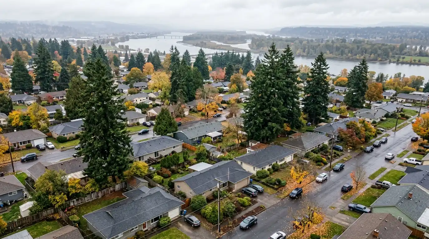 Wet composite roofs and tall firs across a Vancouver, Washington neighborhood