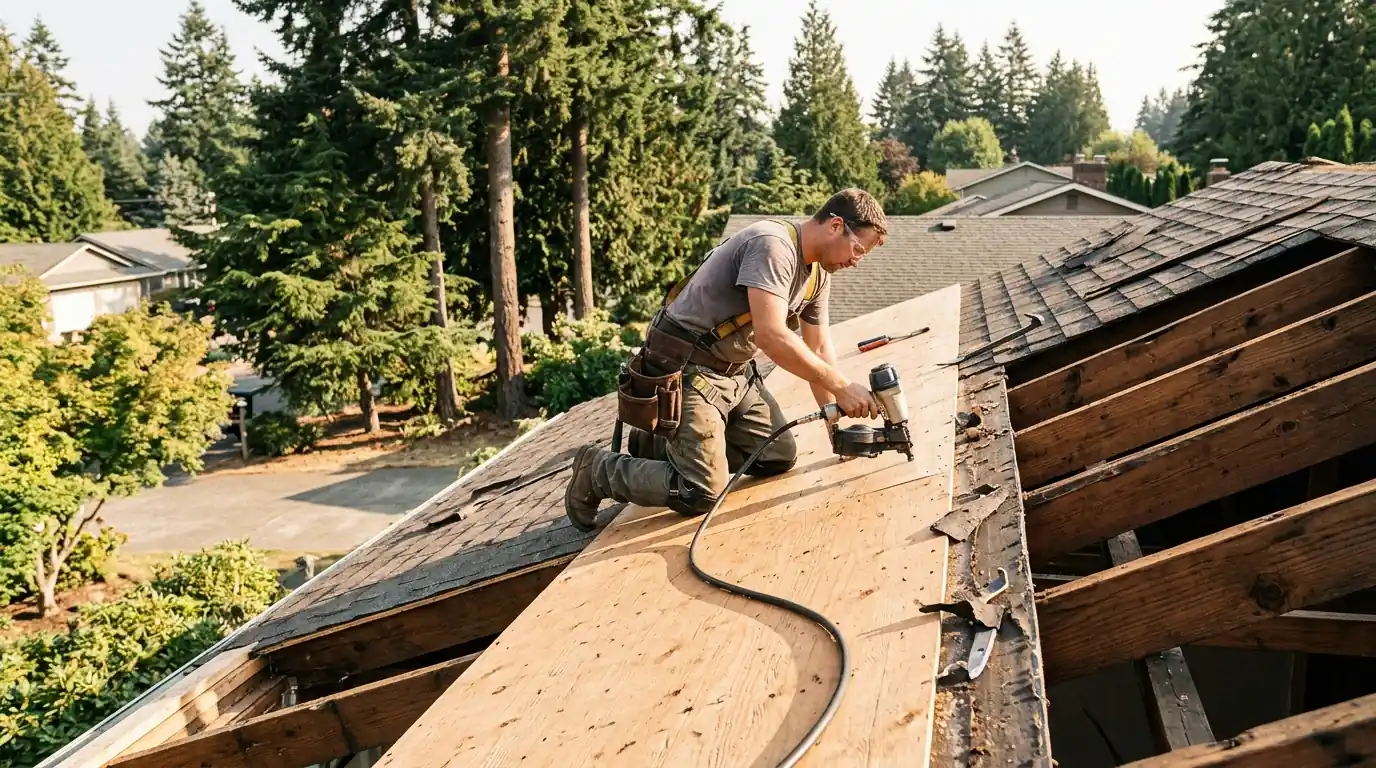 Roofer fastening new plywood decking on a stripped roof section