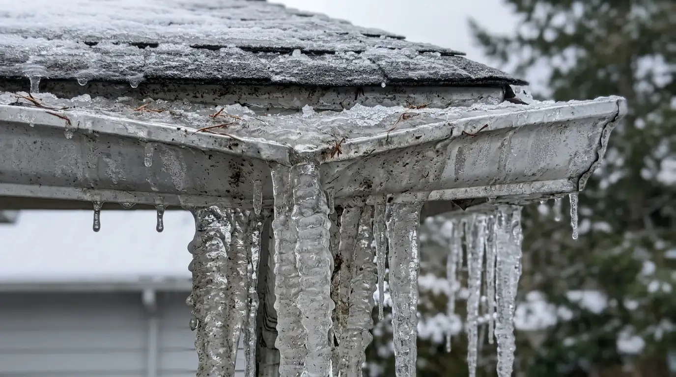 Thick icicles hanging from a bent gutter packed with ice