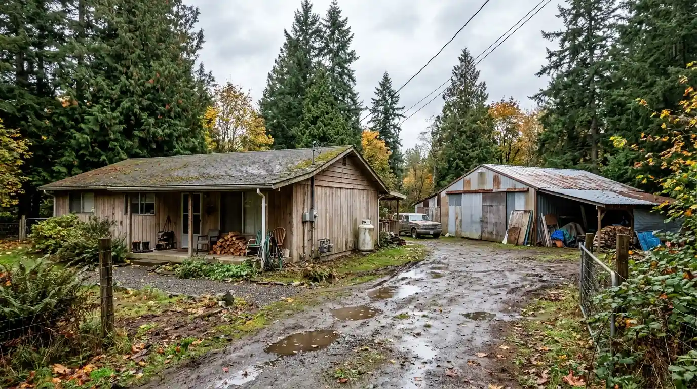 Older ranch house beside a detached shop with a metal roof